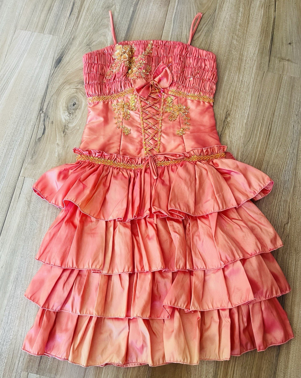 Orange Satin A-Line Dress XS Teens Spaghetti Strap Lace Up Beaded Bow Ruffle
