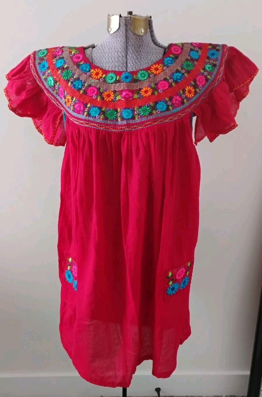 Red Embroidered Dress Women’s Boho Peasant Oaxaca Huipil Floral Mini Sz S