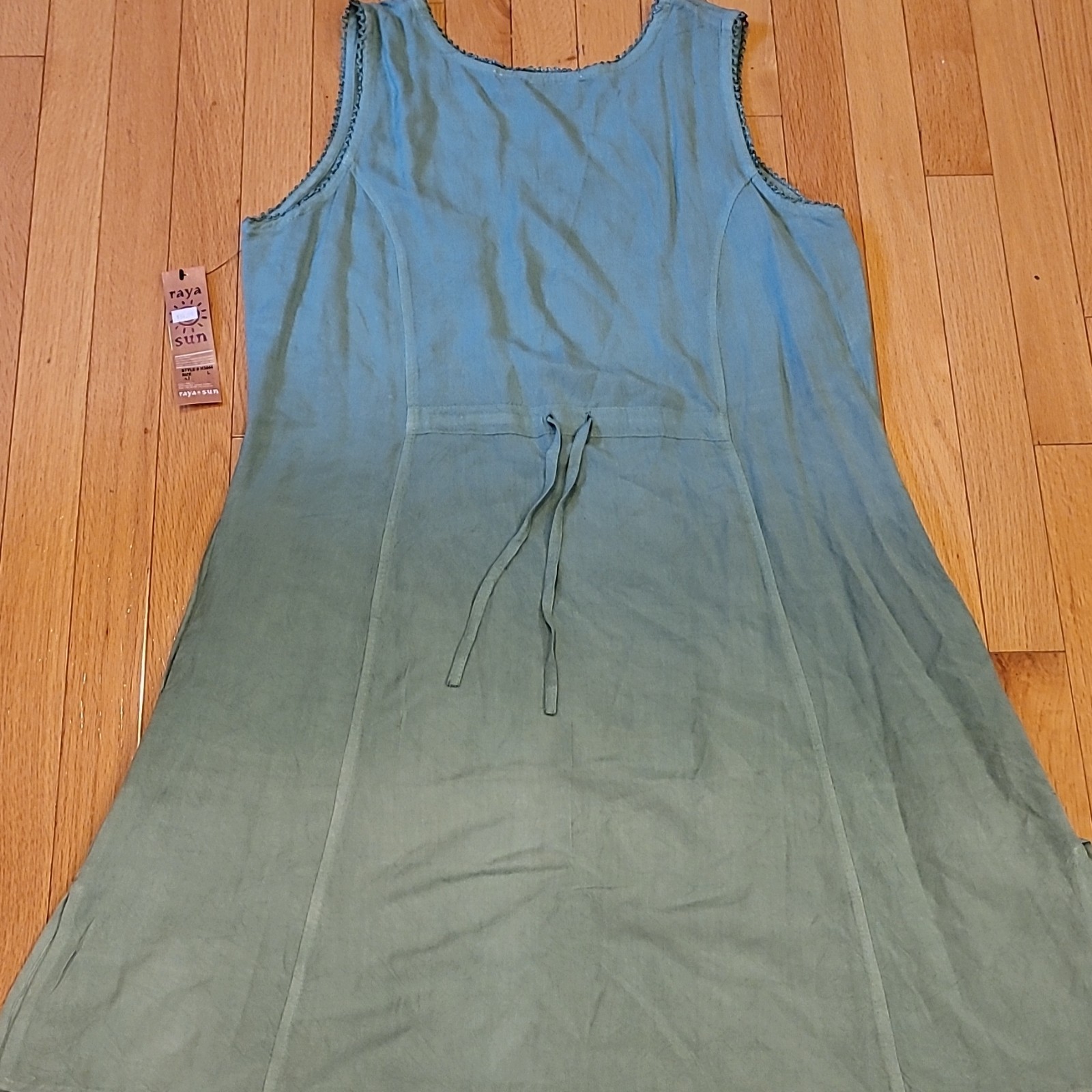 Raya Sun Blue/Green Pineapple Print Maxi Dress L Sleeveless Drawstring