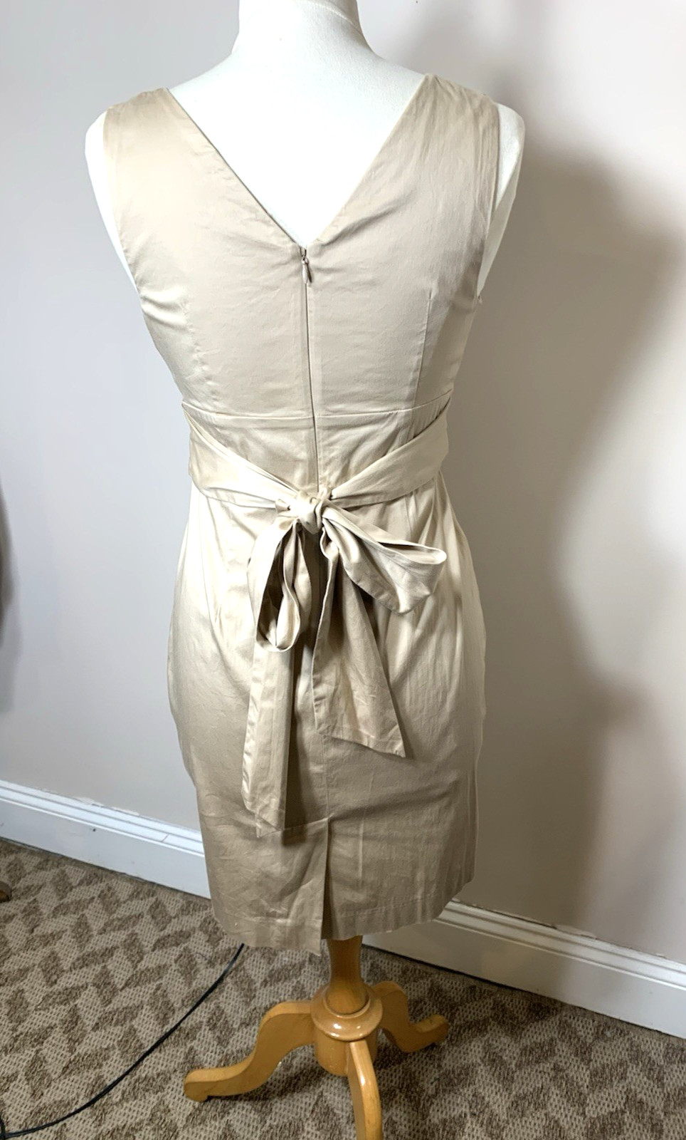 Talbots Sundress Womens Petite 8 Khaki Cotton Stretch Neutral Bow V-Neck