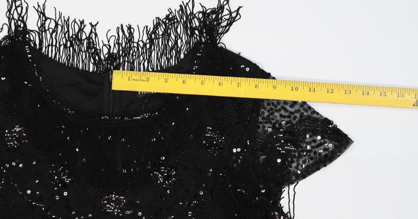 PrettyGuide Dress Womens 16 Black Sequin Fringe Mesh Short Sleeve Shift Party