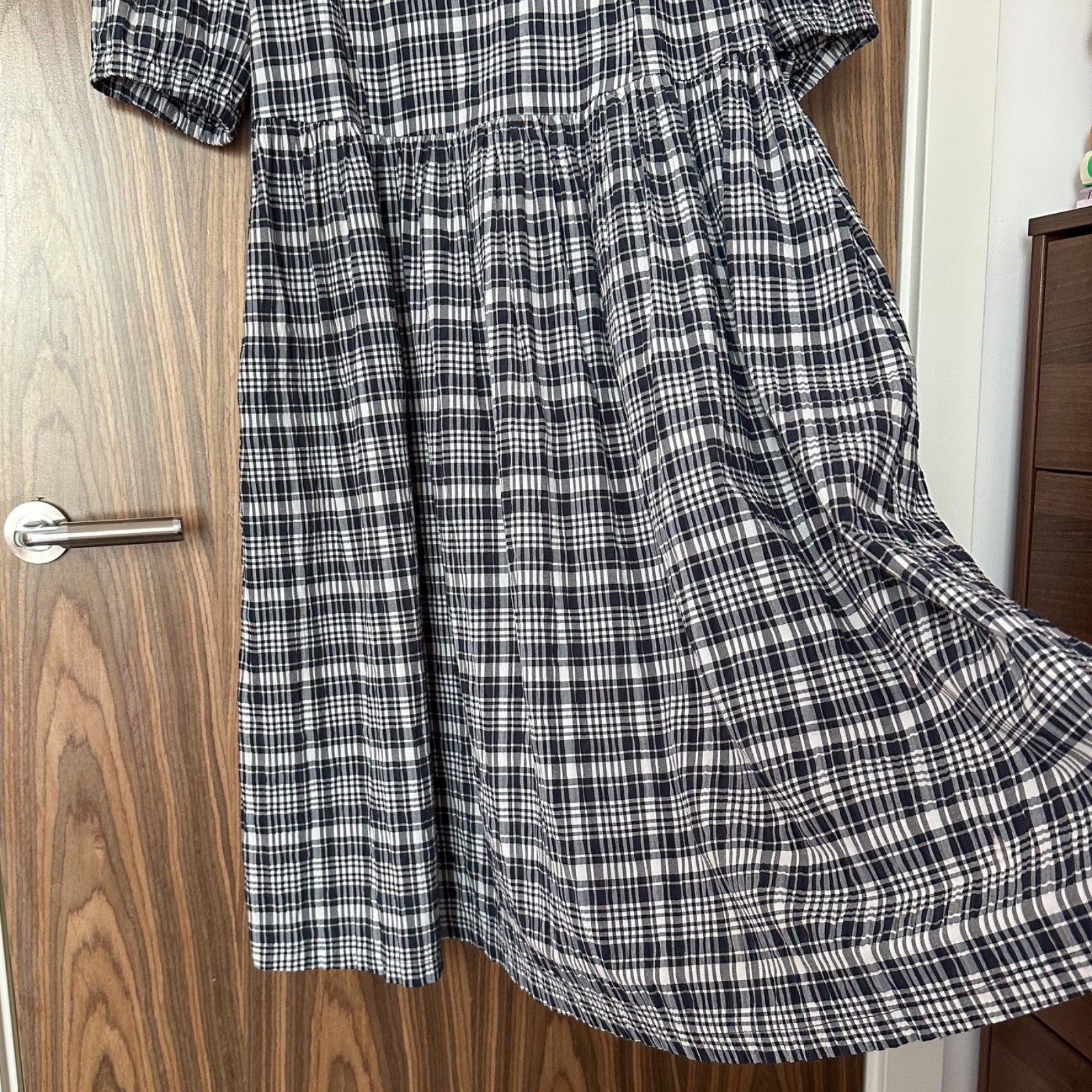 Fat Face Navy Gingham Check Puff Short Sleeve V Neck Pockets Midi Dress UK 14