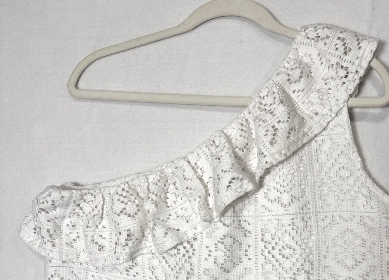 Pink Lily White One Shoulder Ruffle Crochet Lace Mini Dress Sz M Coquette Resort
