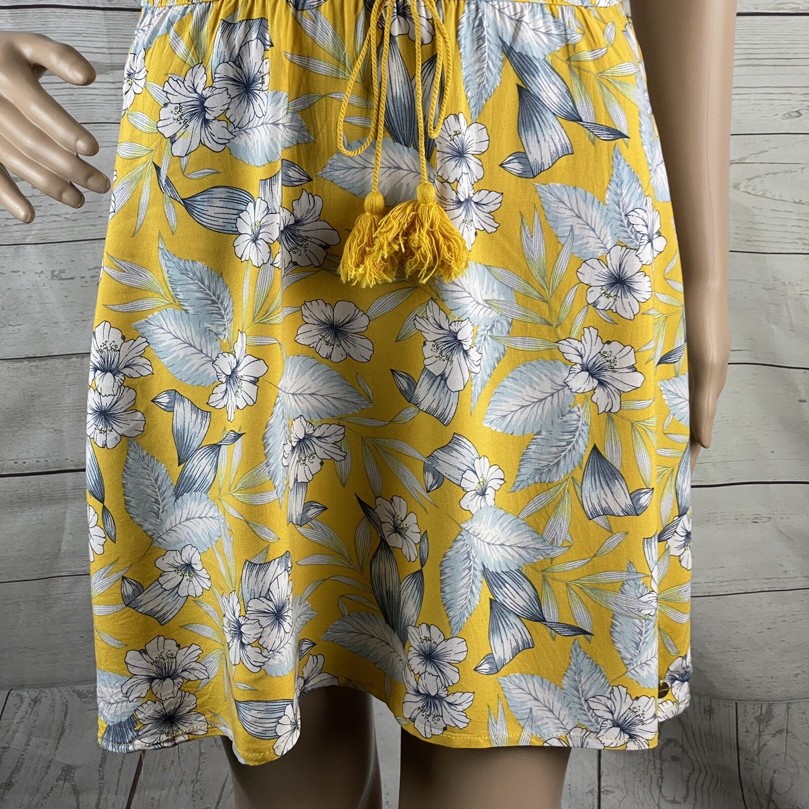 Island Haze Sundress Small Yellow Gray White Hibiscus Floral Hawaiian Dress Cute