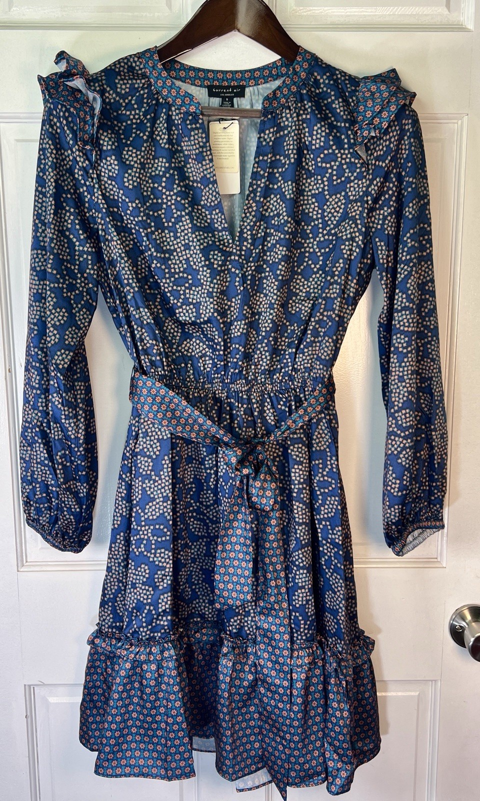 Current Air Womens Midi Dress Blue Floral Ruffle V-Neck Boho Chic S NWT $89