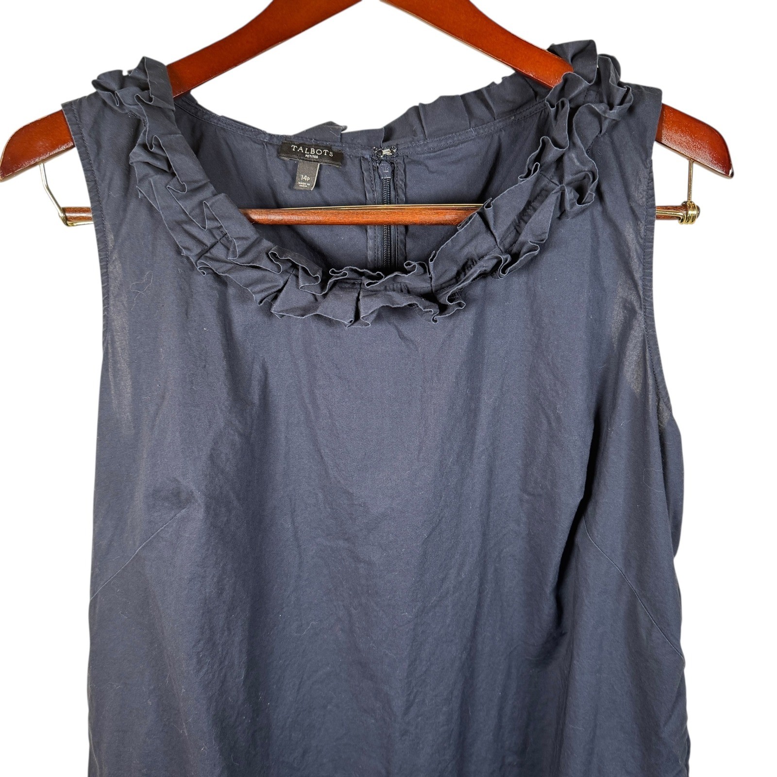 Talbots Embroidered Pleat Neck Shift Dress Size 14P Petites Navy Preppy Classic