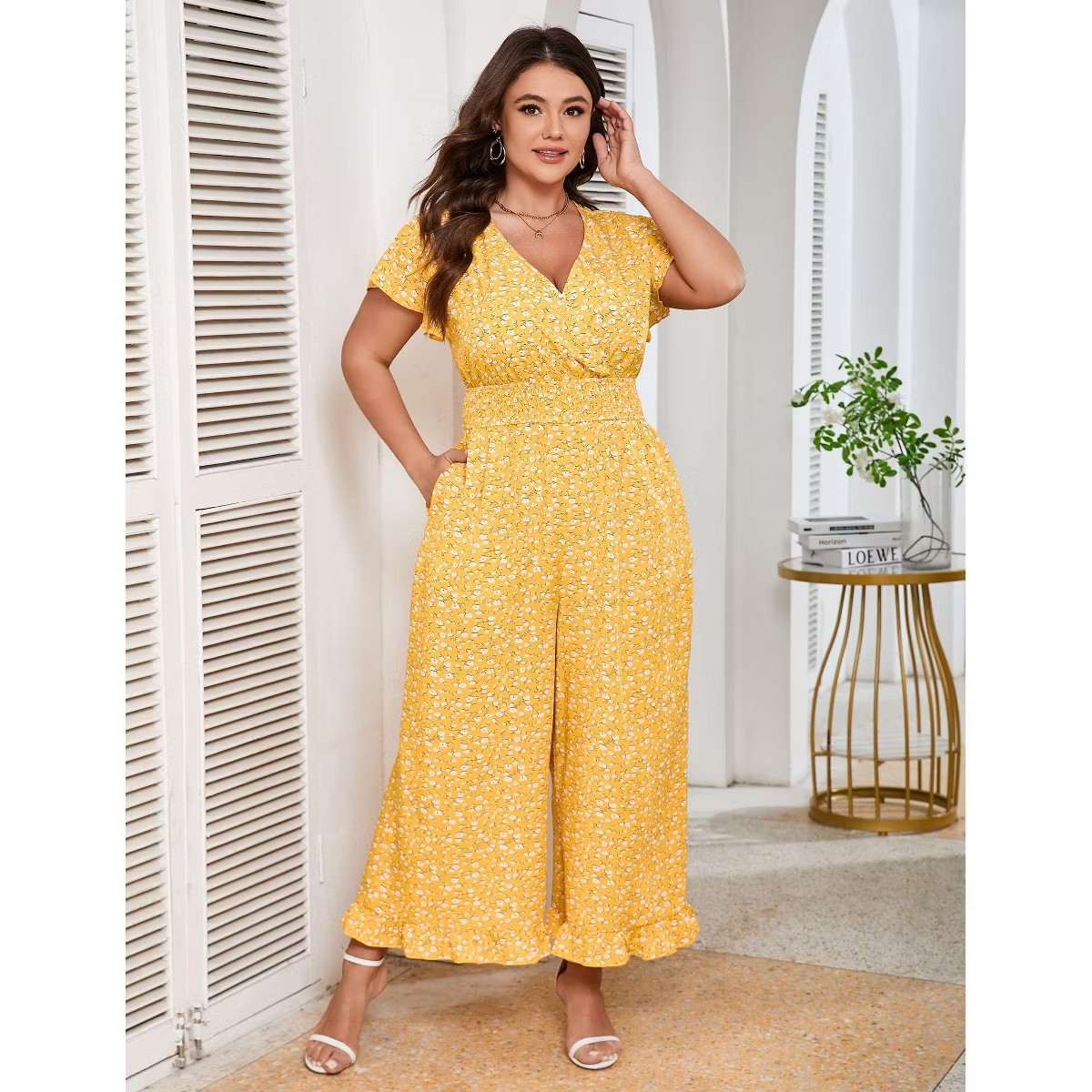Womens Plus Size Jumpsuits Vintage Short Flutter Sleeve Ruffled Hem Floral Print