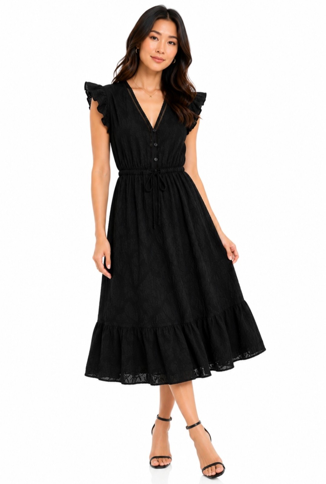 NEW Miracle Black Textured Cotton Midi Dress Drawstring Waist Size 8