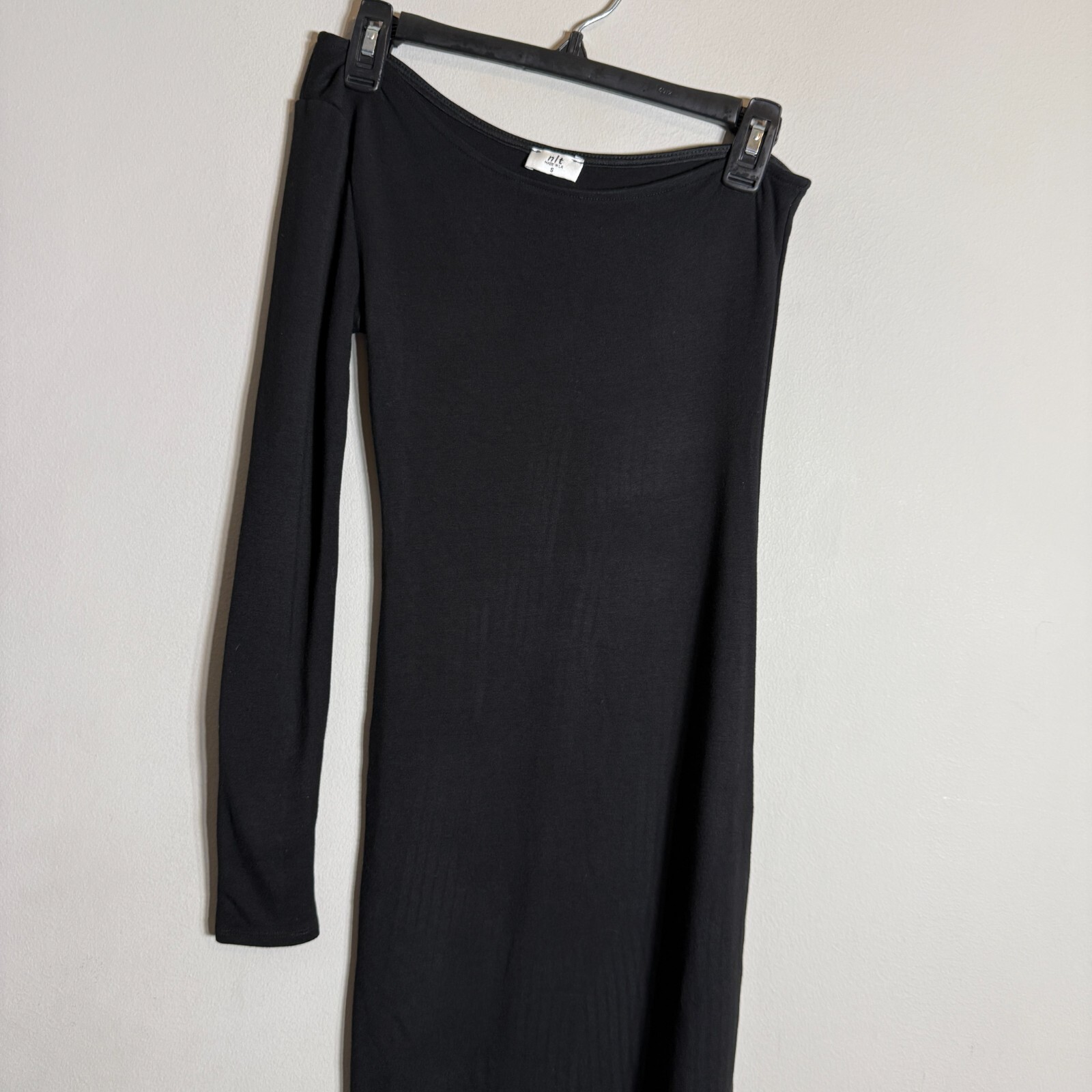 NLT One Shoulder Jersey Bodycon Midi Dress Women’s Small Black Side Slit LBD