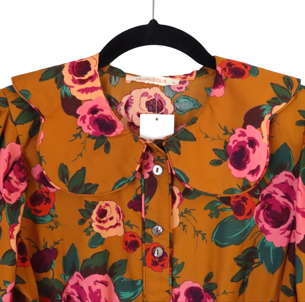 NWT Olivaceous PLEATED PUFF SLEEVE DRESS Mustard/Pink Floral SCALLOP COLLAR sz M