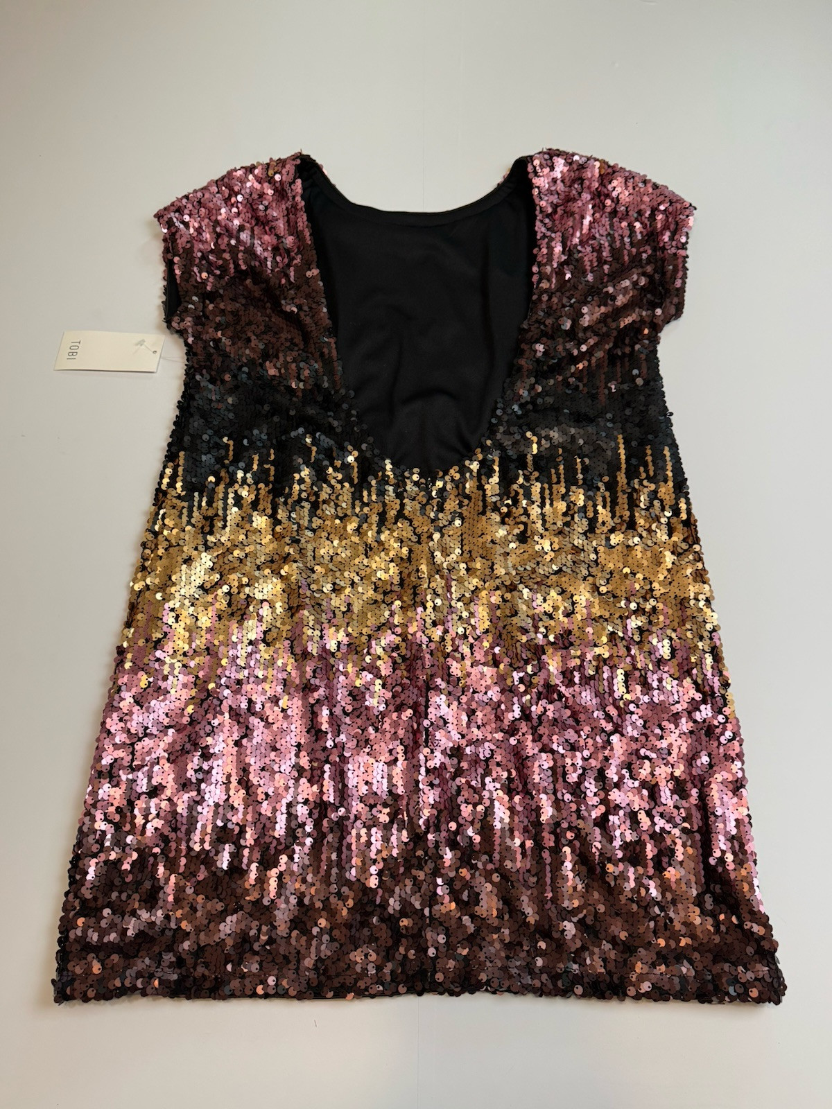 Tobi Shine Me Up Sequin Relaxed Mini Dress Size Small Pink Black Gold NWT