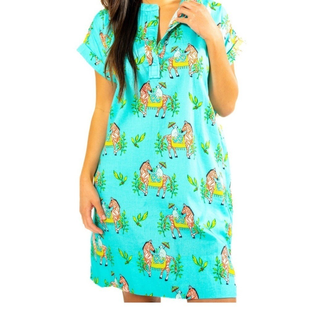 Jayes Studio Womens S 6-8 Zebra Monkey Umbrella Print Day Dress Turquoise Aqua