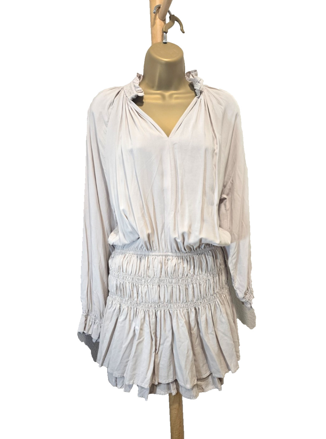 Oatmeal Drop Waist Mini Dress Lge Blouson Ruffle Hem Stretch Euro Summer V Neck