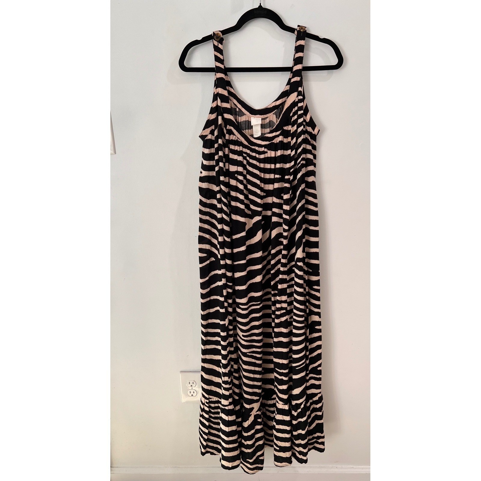H&M Boho Maxi Dress Zebra Animal Print Tiered Sleeveless Tan Black Size 12