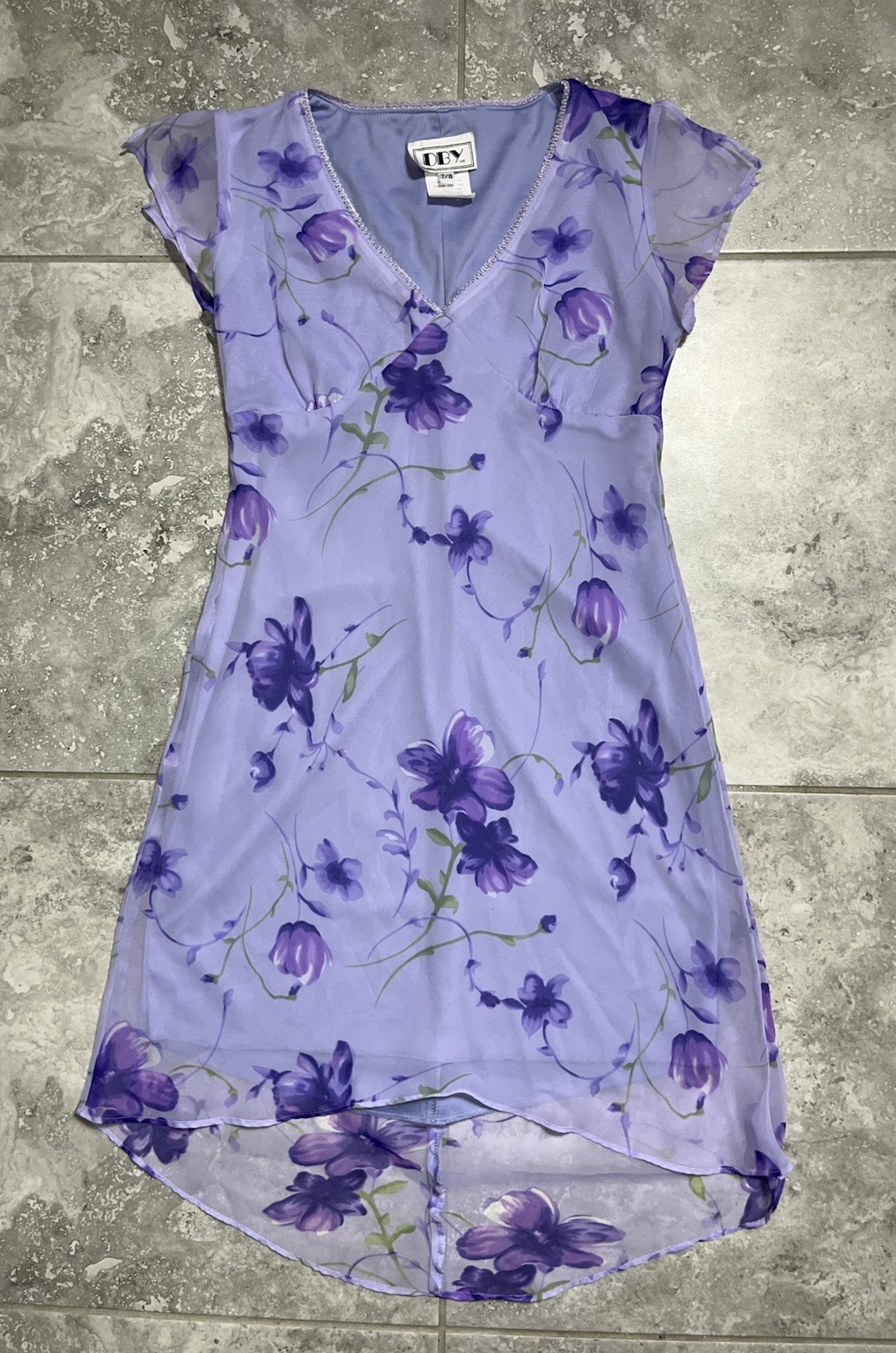 DBY Vtg 90s y2k Short Sleeve Hi Low Chiffon A Line Dress Floral Fairy 7/8 Small