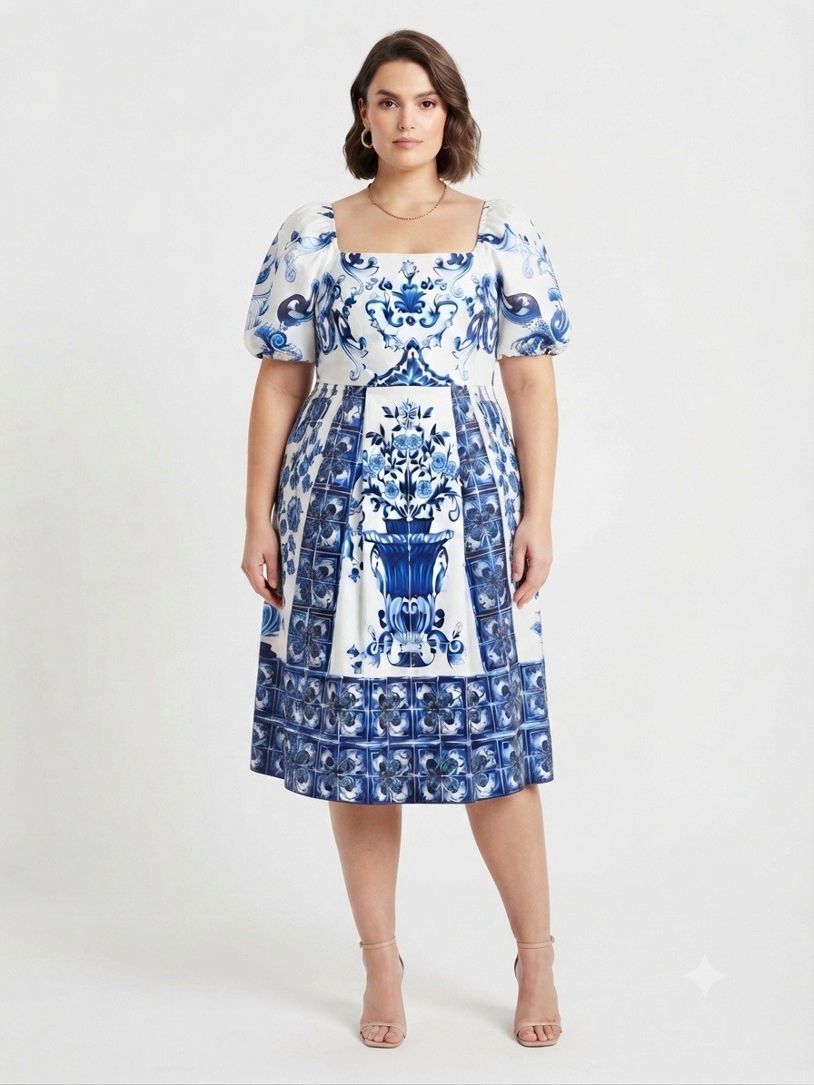 One & One Blue White Tile Print Puff Sleeve Dress Women’s 4XL Mediterranean Chic