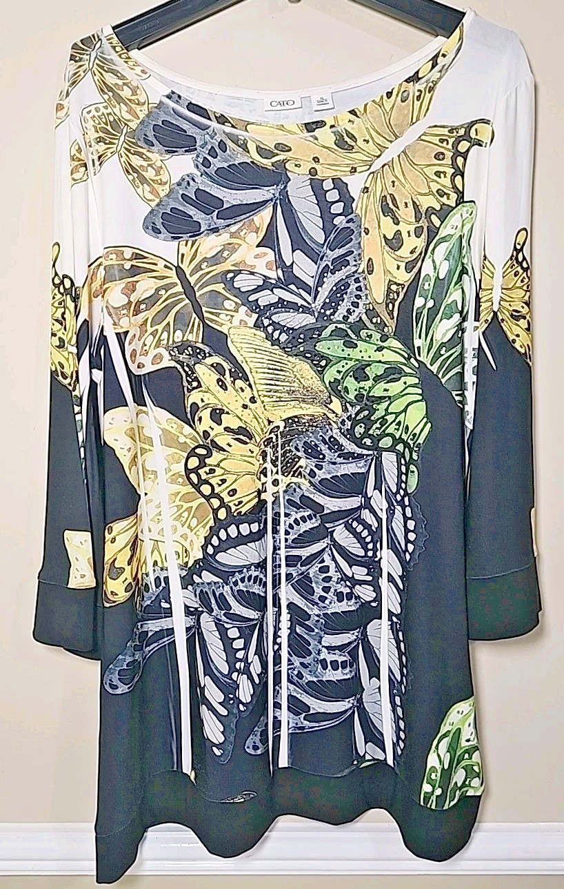 CATO Shirt Dress Women’s XL Black Yellow Green Butterfly Sparkle Wide Sleeve