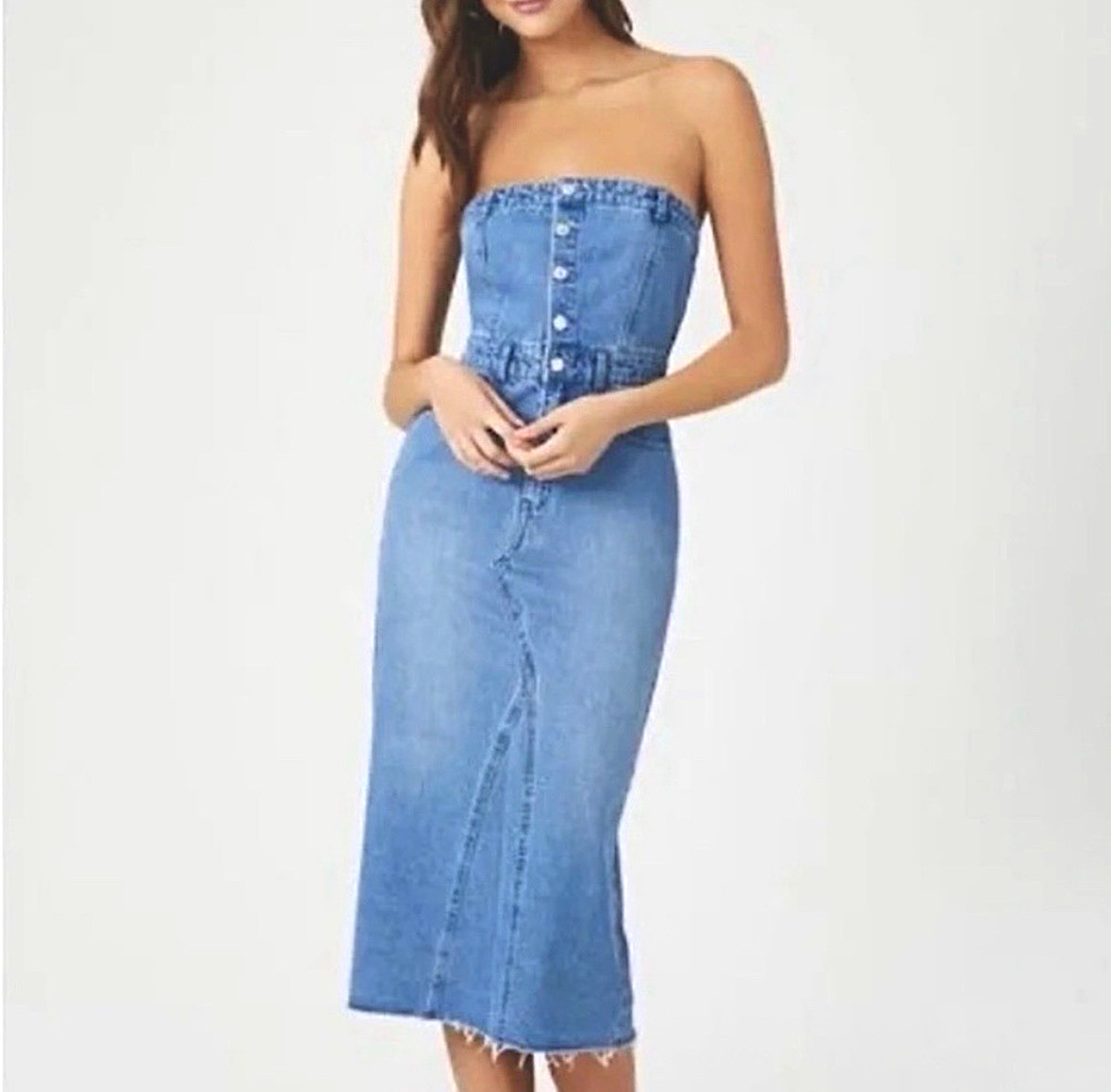 Sincerely Jules Blue Denim Strapless Button Front Smocked Pocket Midi Dress S