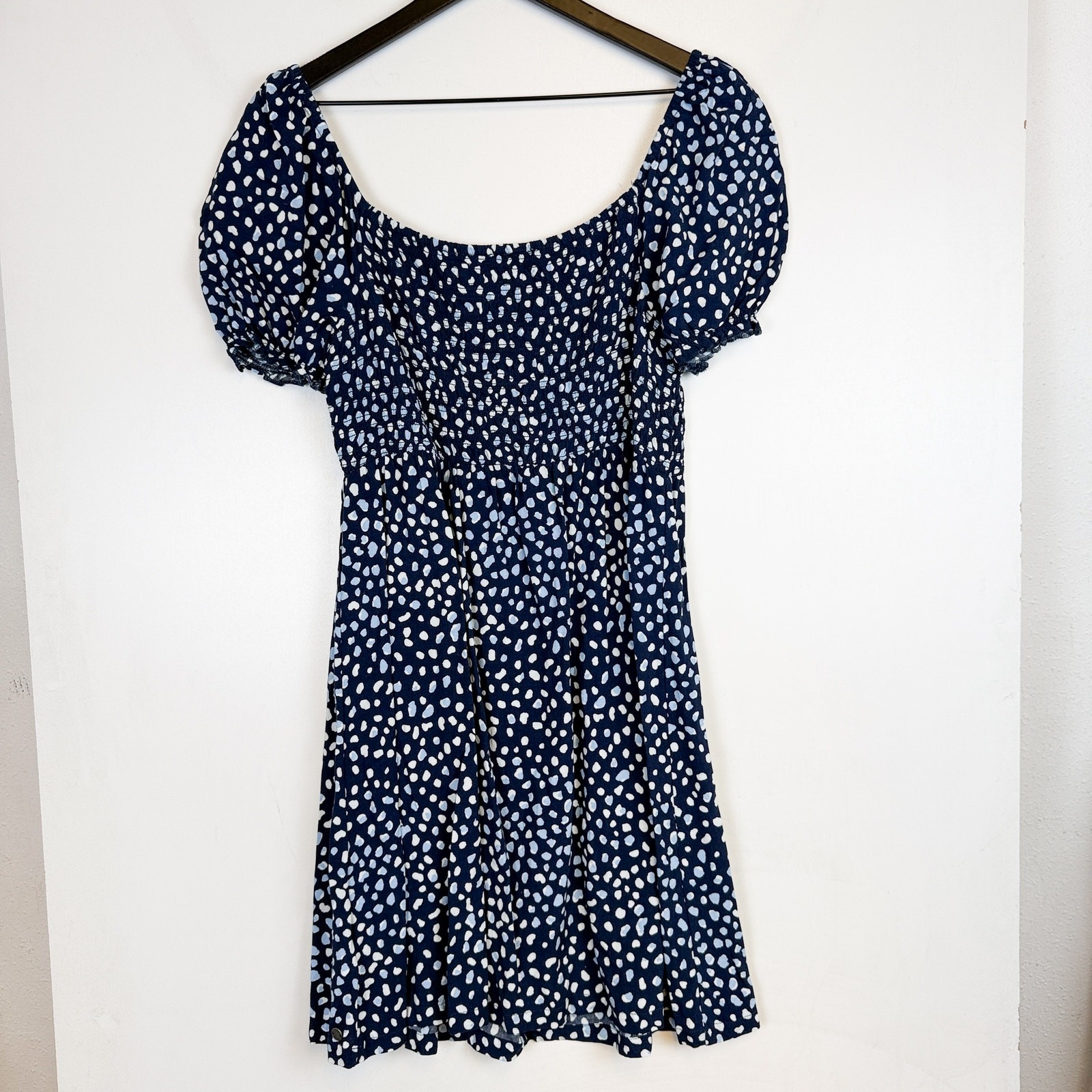 Roxy Spotty Smocked Mini Cap Sleeve Blue Dress – L