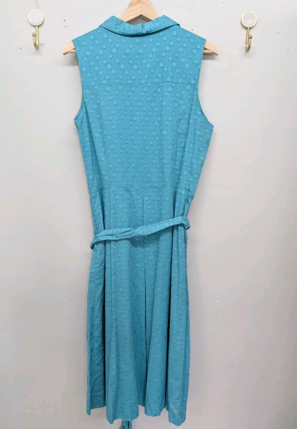 Jaclyn Smith Turquoise Blue Polka Dot Sleeveless Shirtdress Belted Pleated