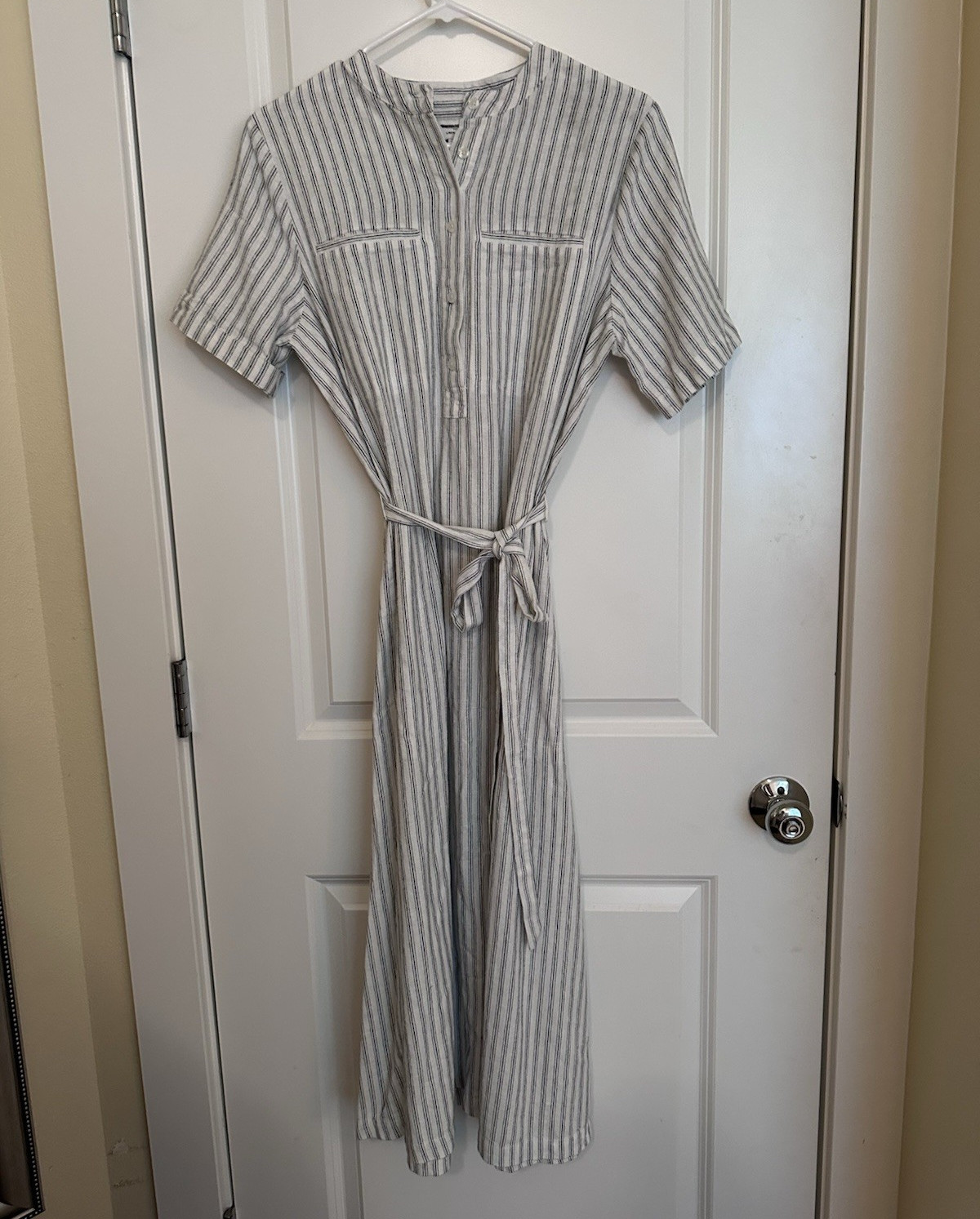 Banana Republic White Blue Striped Linen Blend Belted Shirt Maxi Dress S/M
