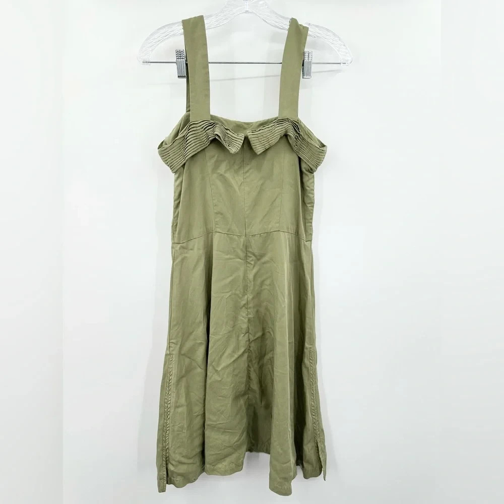 Sancia Olive Green Wide Strap Pleated Neckline A-Line Dress Size Small