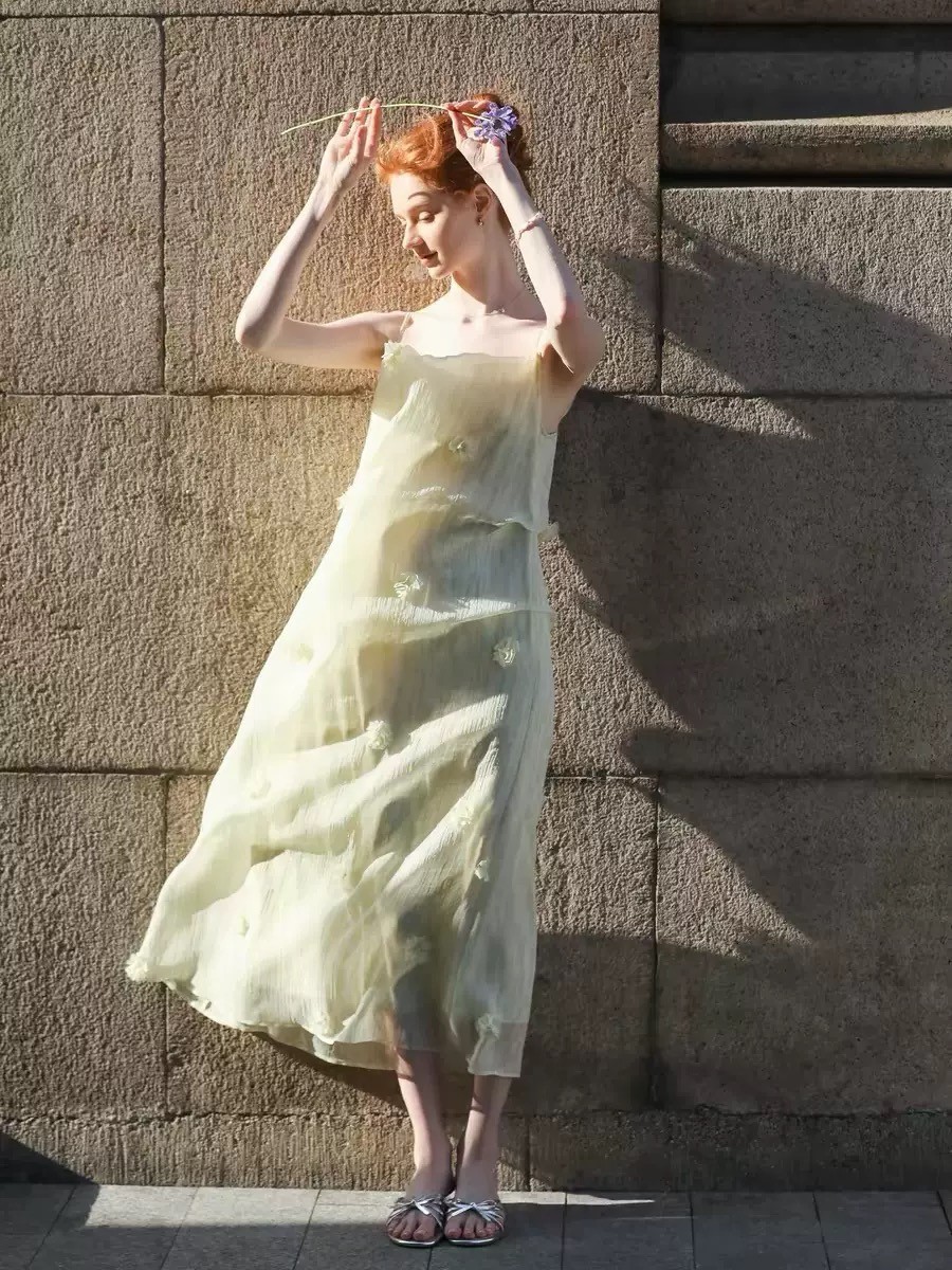 Preorder Women’s Floral Textured Midi Dress Sleeveless Loose Fit Fairy Dress