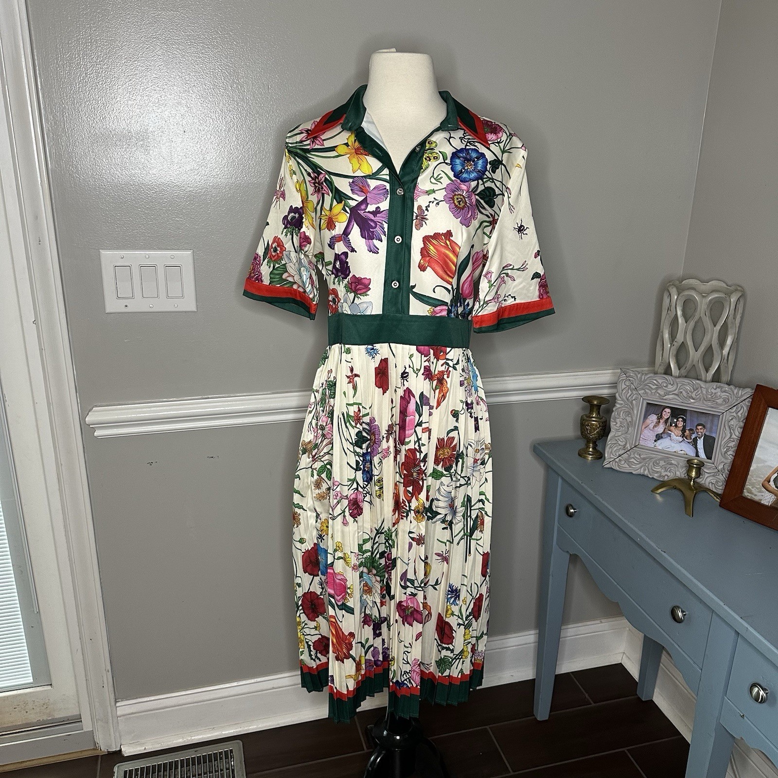 NWT Dalia MacPhee Floral Collard Midi Dress Button Pleated
