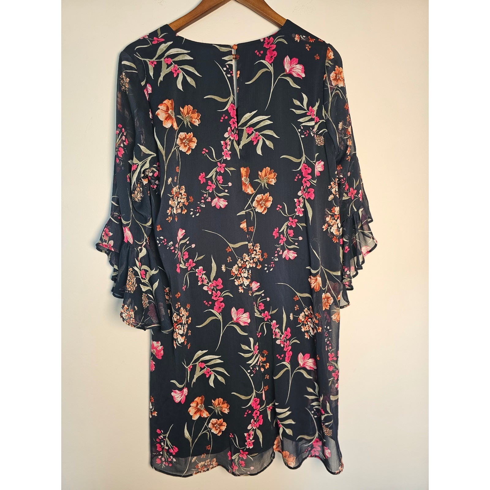 Boho Romantic Calvin Klein Floral Shift Dress Womens 12 Navy Ruffle Bell Sleeve
