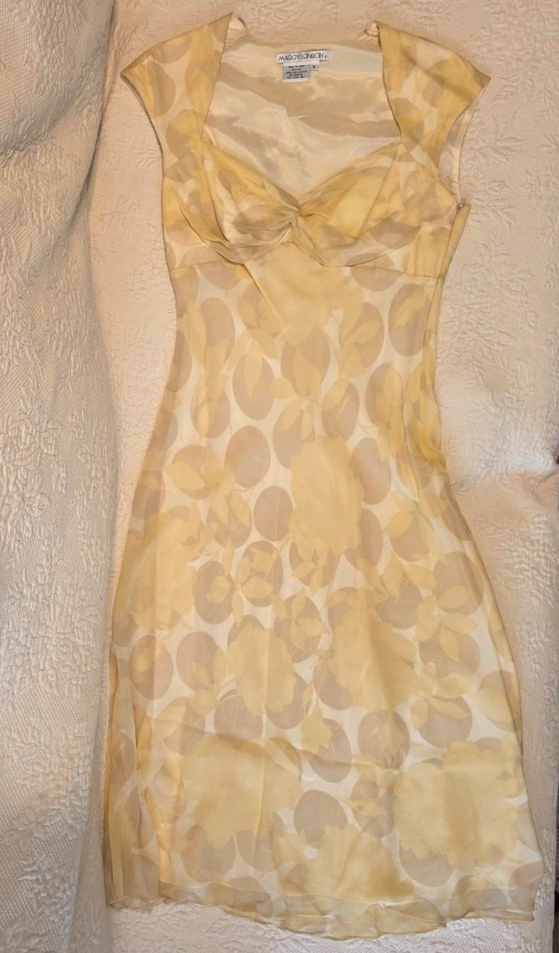 Maggy London Sheath Dress Womens 6 Yellow Floral Silk Chiffon Lined