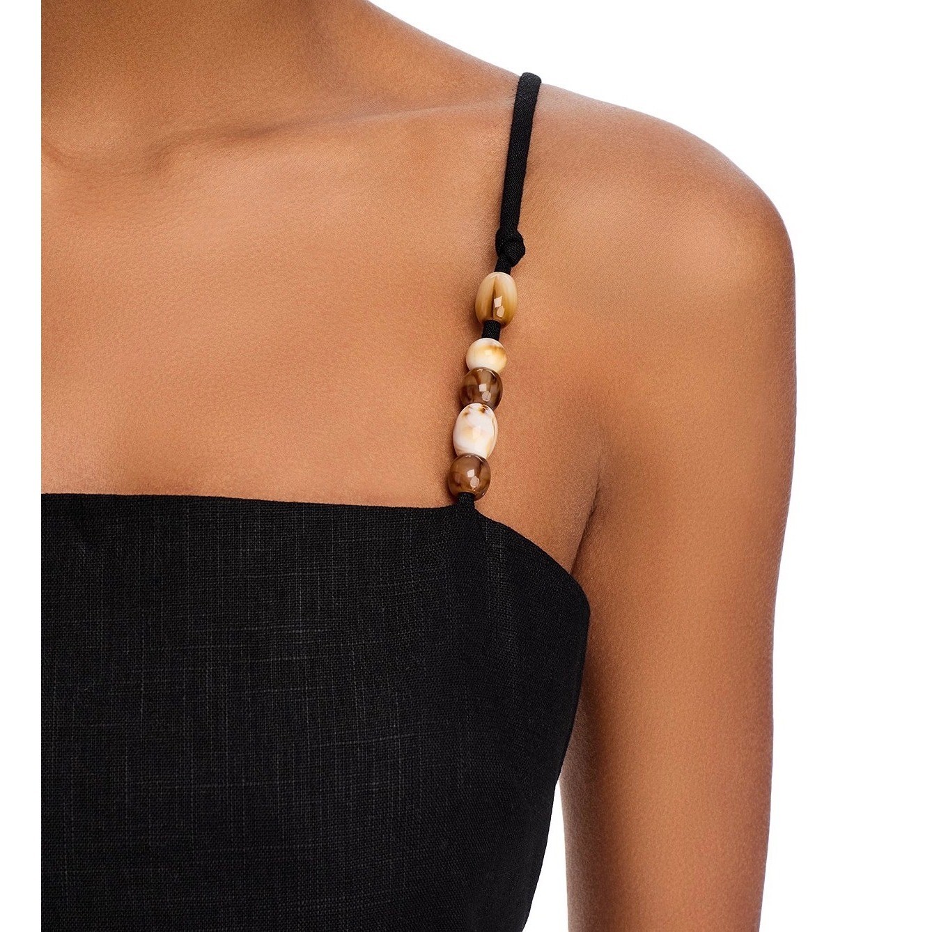 NWT Lucy Paris Black Beaded Strap Ruched Mini Dress Boho Luxe 100% Cotton Small