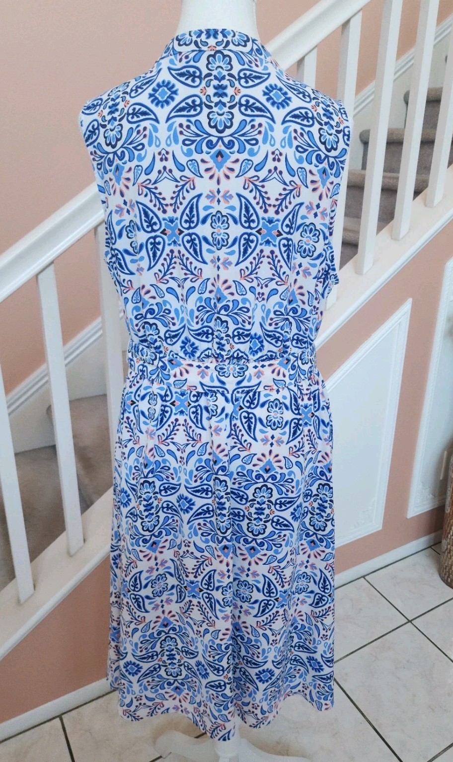 NWOT CROFT & BARROW Blue Floral Notch Neck Belted Sleeveless Shirt Dress Sz PXL