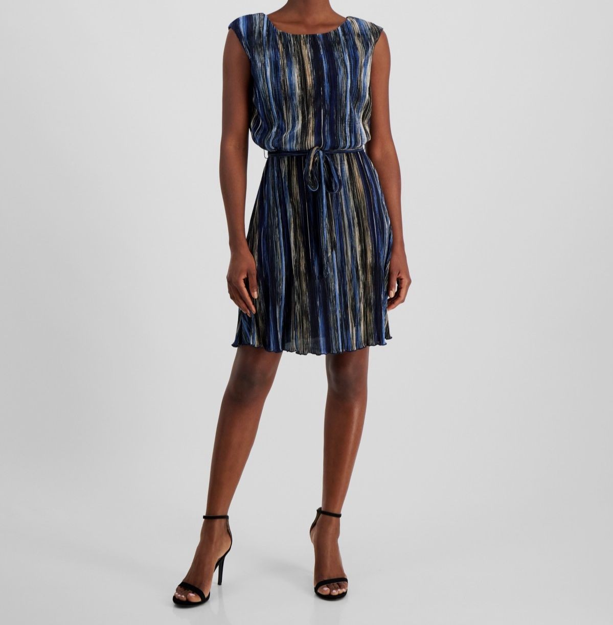 Connected Apparel Women’s Blue Printed Round Neck Self-Tie Dress Petite Size 14P