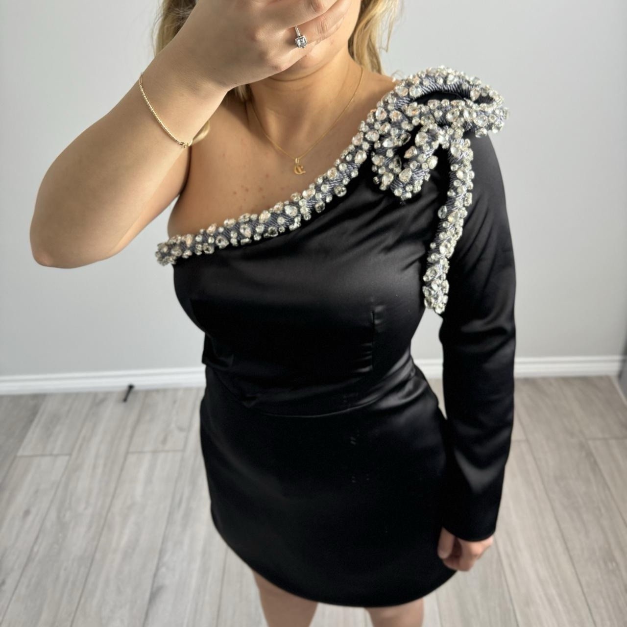 Black Satin One Sleeve Mini Dress