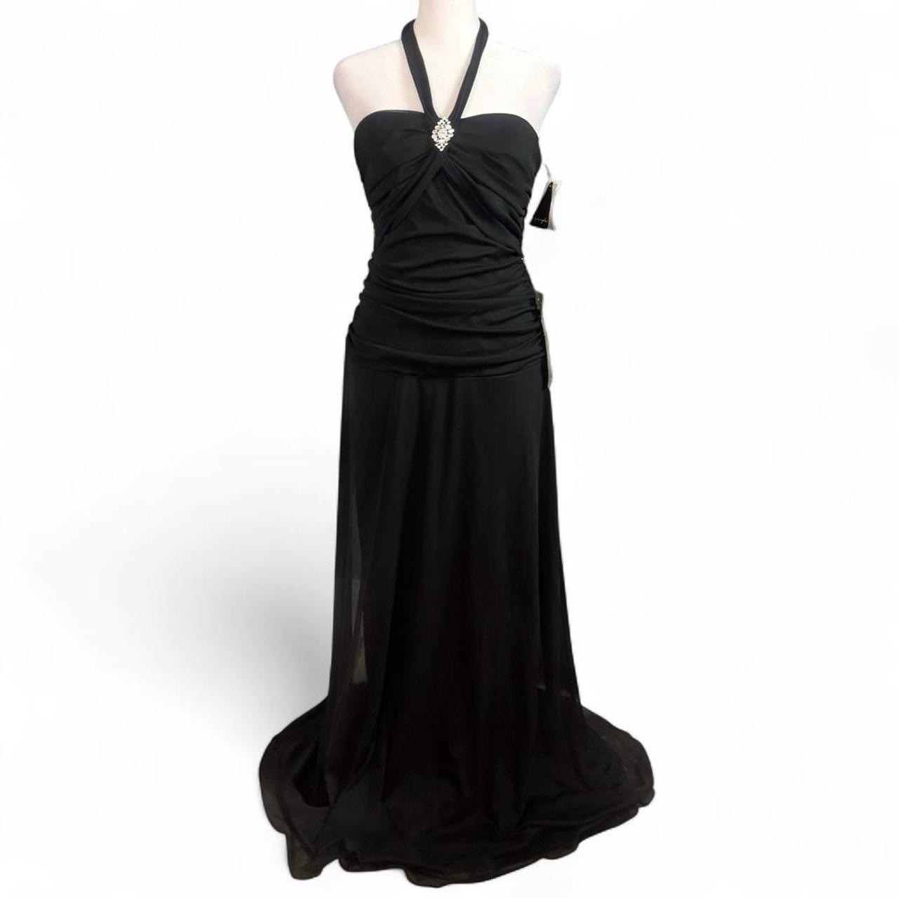 City Triangles Sz L Black Formal Embellished Halter Bodycon Dress Cross Ruffles