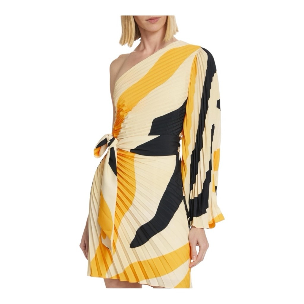 Milly One Shoulder Linden Zebra Pleated Mini Dress Size 8 Beige Yellow Black