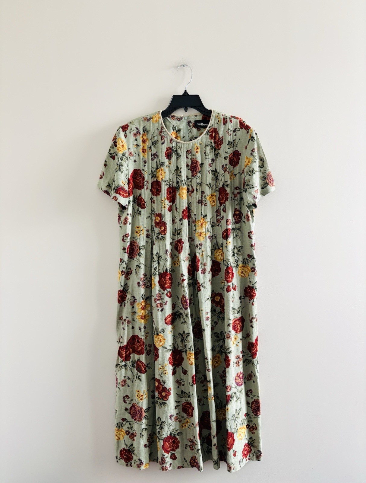 VTG Sag Harbor Dress Midi Green Floral Linen Pleated 14 Boho Peasant Cottagecore