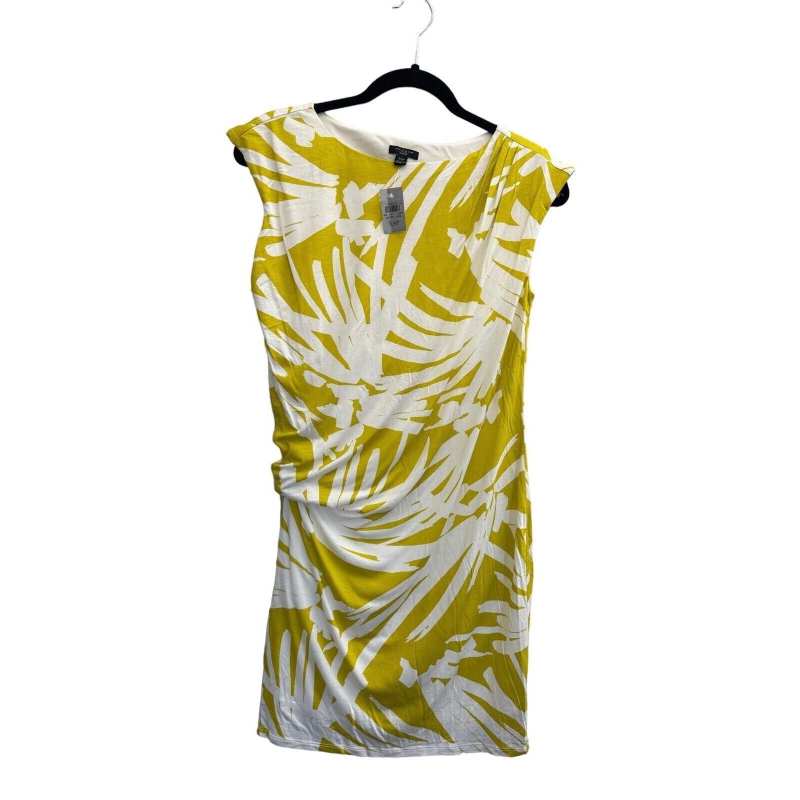 NWT $88 Ann Taylor XSP Petite Yellow Palm Leave print shirred side Dress #6967
