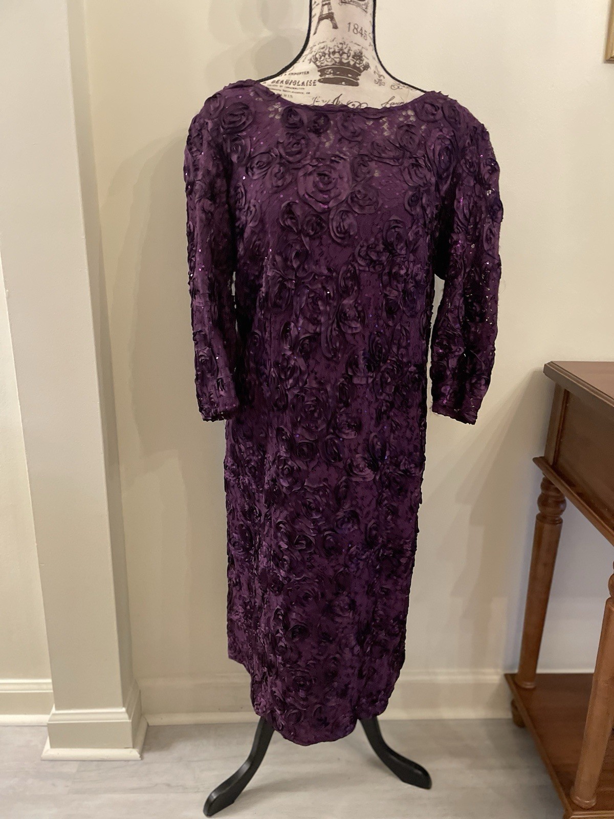 Alex Evenings Purple Rosette Formal Shift Dress ~ 3 Quarter Sleeve ~ 16w