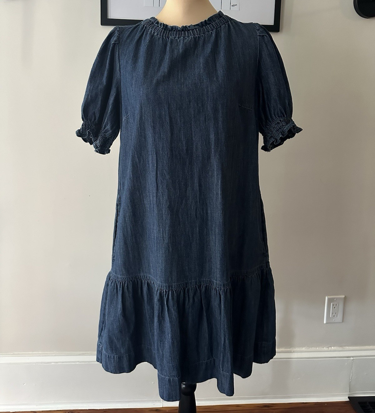 Free Assembly Blue Solid Denim Shift Dress Round Neck Puff Sleeve Pockets XS