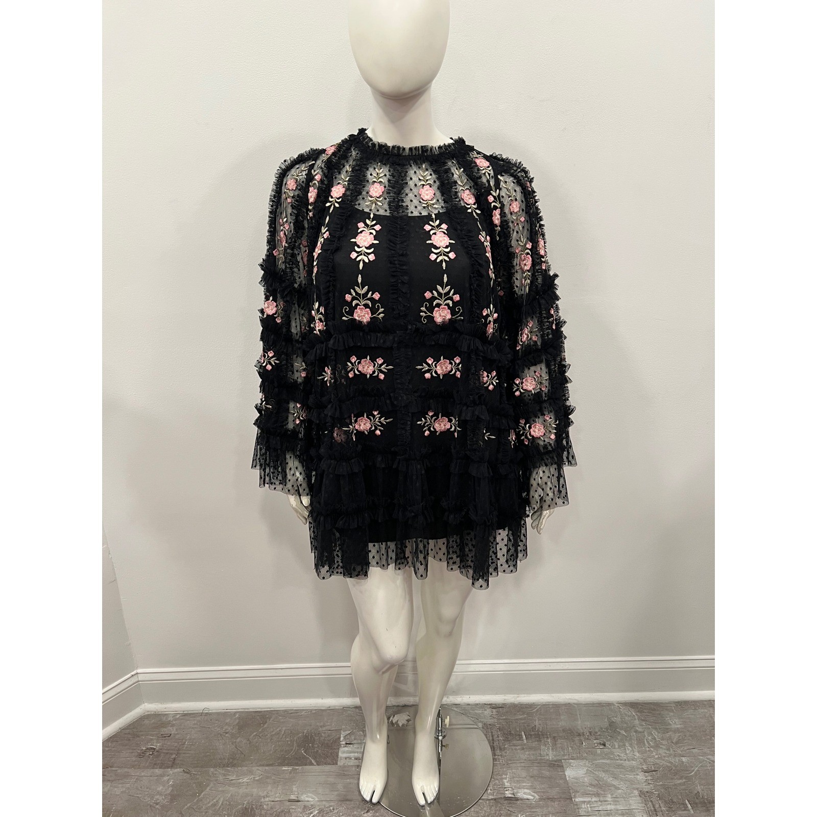 Mac Duggal Mini Dress Womens 8 Black Pink Floral Embroidered Tulle Tiered Ruffle