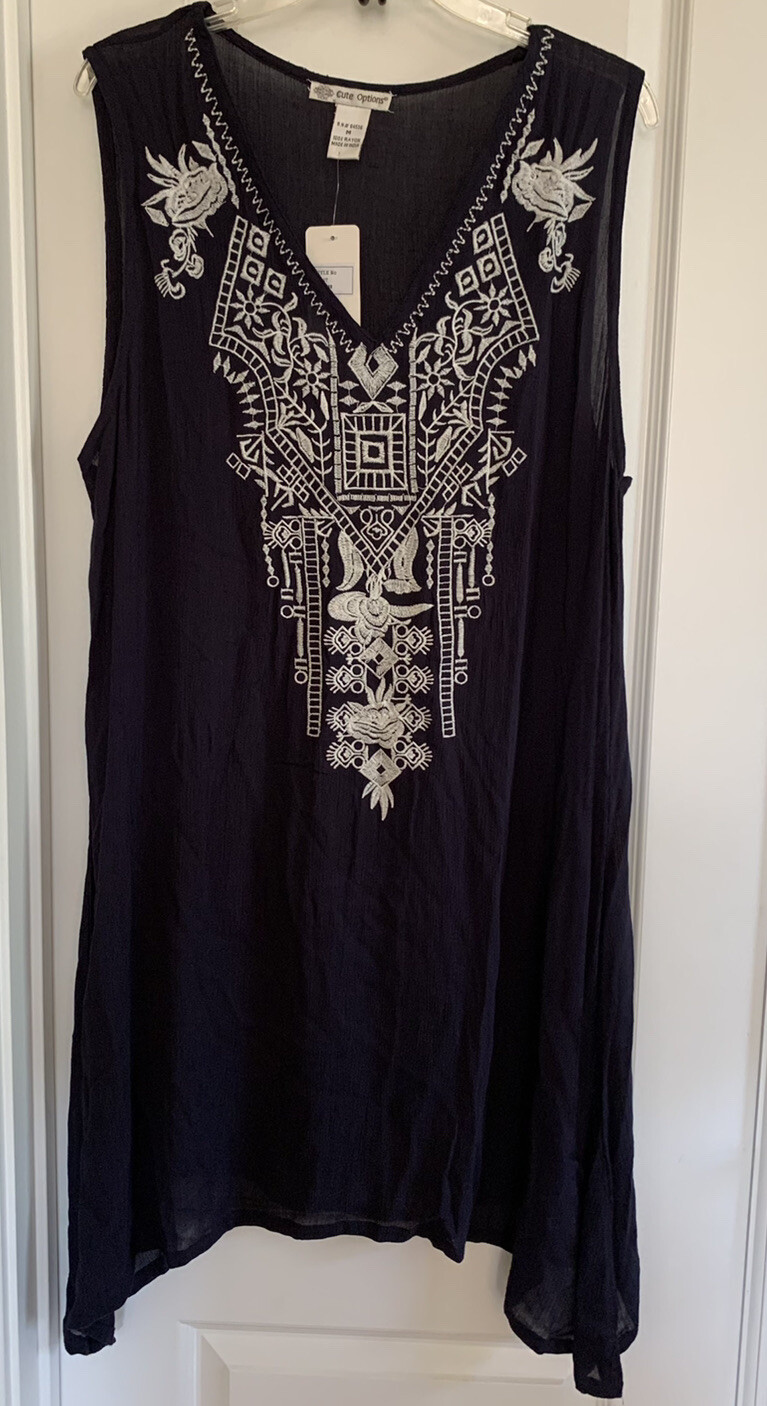 Cute Options Women Navy With White Embroiduary Casual Slipon Dress Size Medium