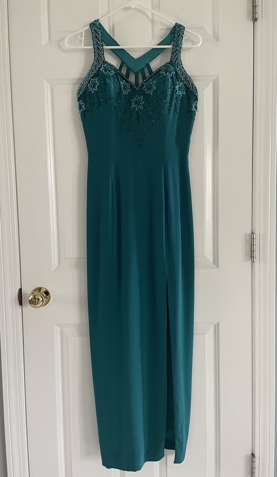 Fleur De Lis Formal Gown Dress 12 Teal Beaded Slit Strappy Mermaidcore