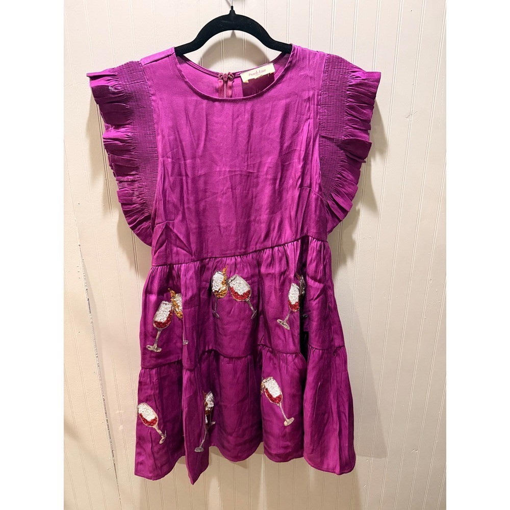 Peach Love California Magenta Sequin Wine Glass Tiered Ruffle Mini Dress Small