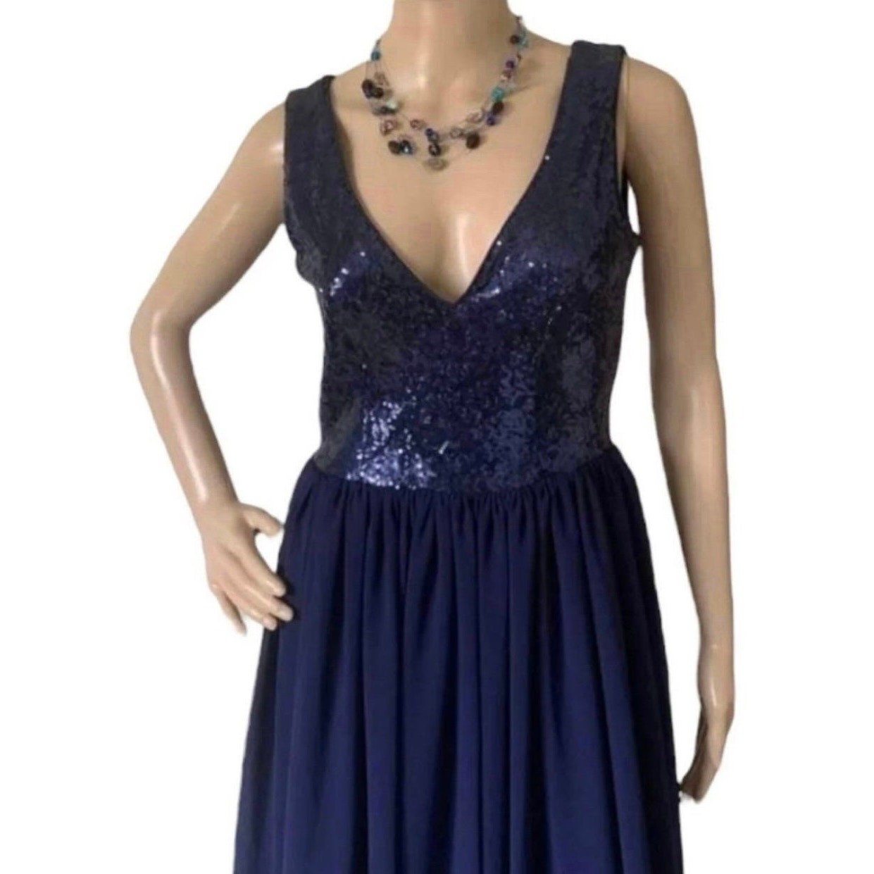 Goddiva Navy Sequin & Chiffon Formal Maxi Elegant Dress V Neck Evening Gown Sz4