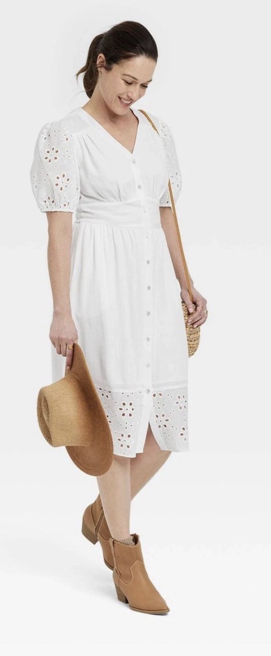 Knox Rose Boho Dress White Eyelet Puff Sleeves & Hem Button Down Pockets Lined M