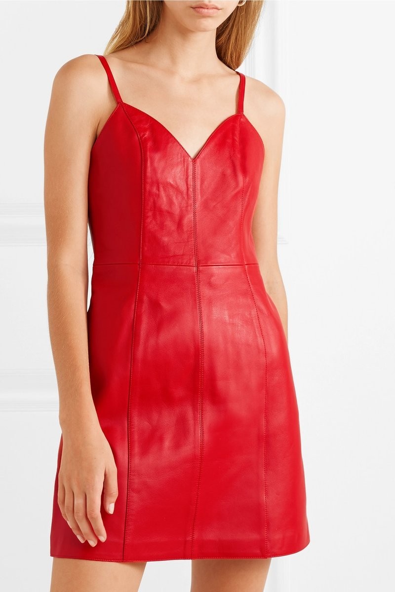 Women’s Genuine Lambskin Red Leather Spaghetti Strap Mini Dress
