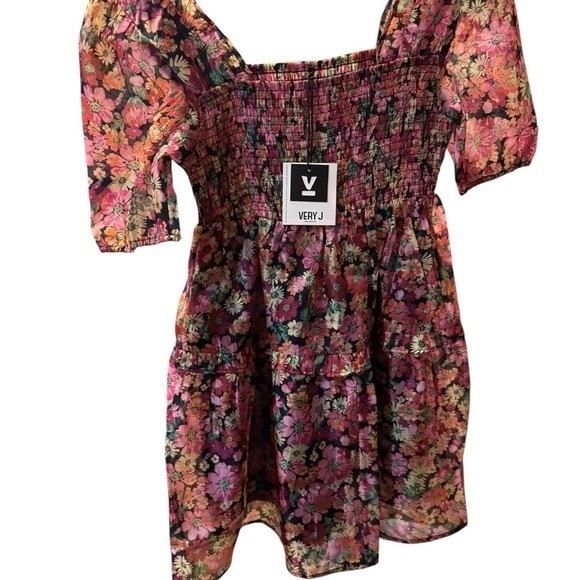 VERY J Floral Print Smocked Square Neck Puff Sleeve Mini Dress Womens Size S