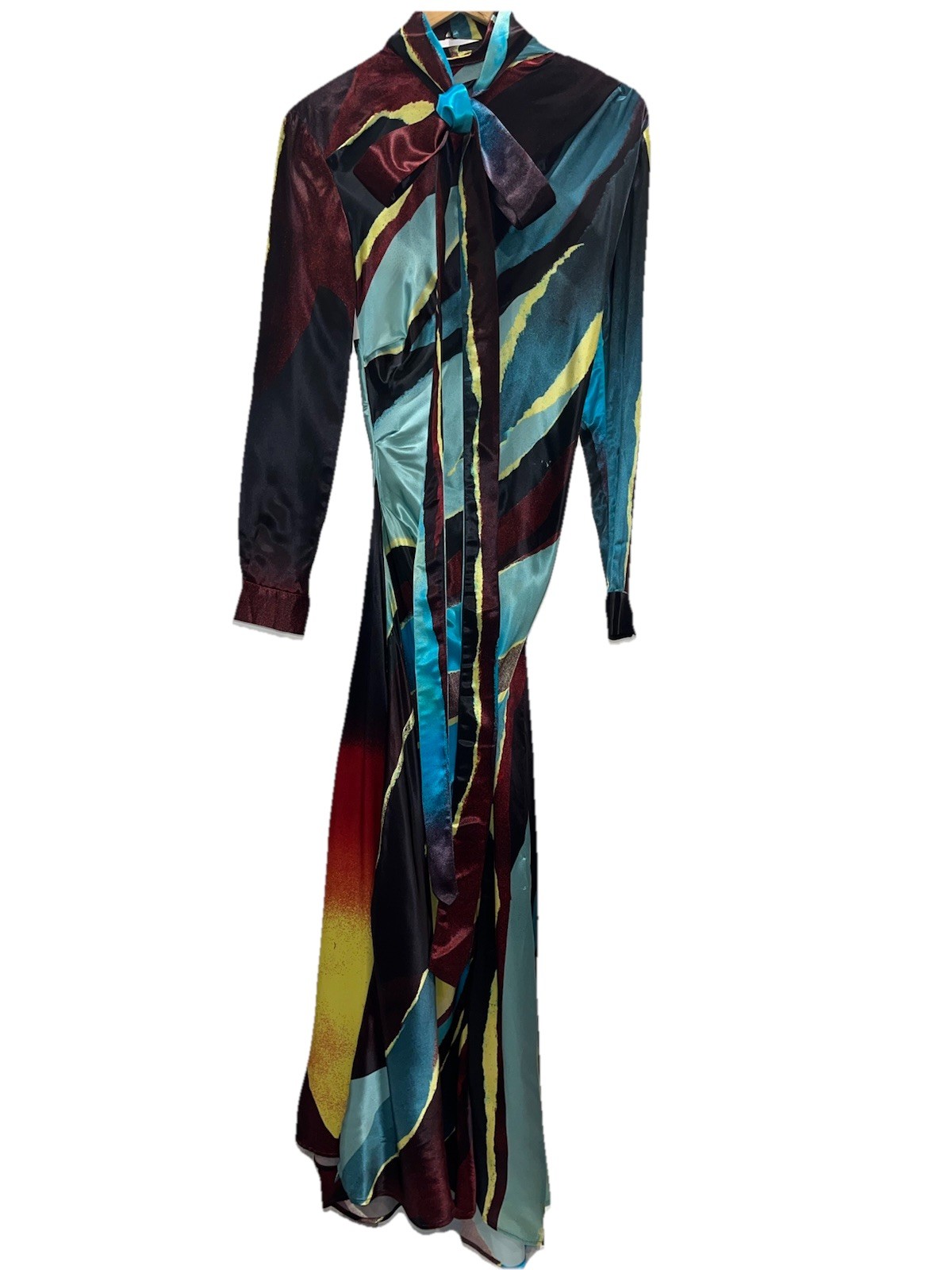 Christopher John Rogers Wheatpaste Satin Maxi Dress Scarf Neck Multicolor 4 🟡