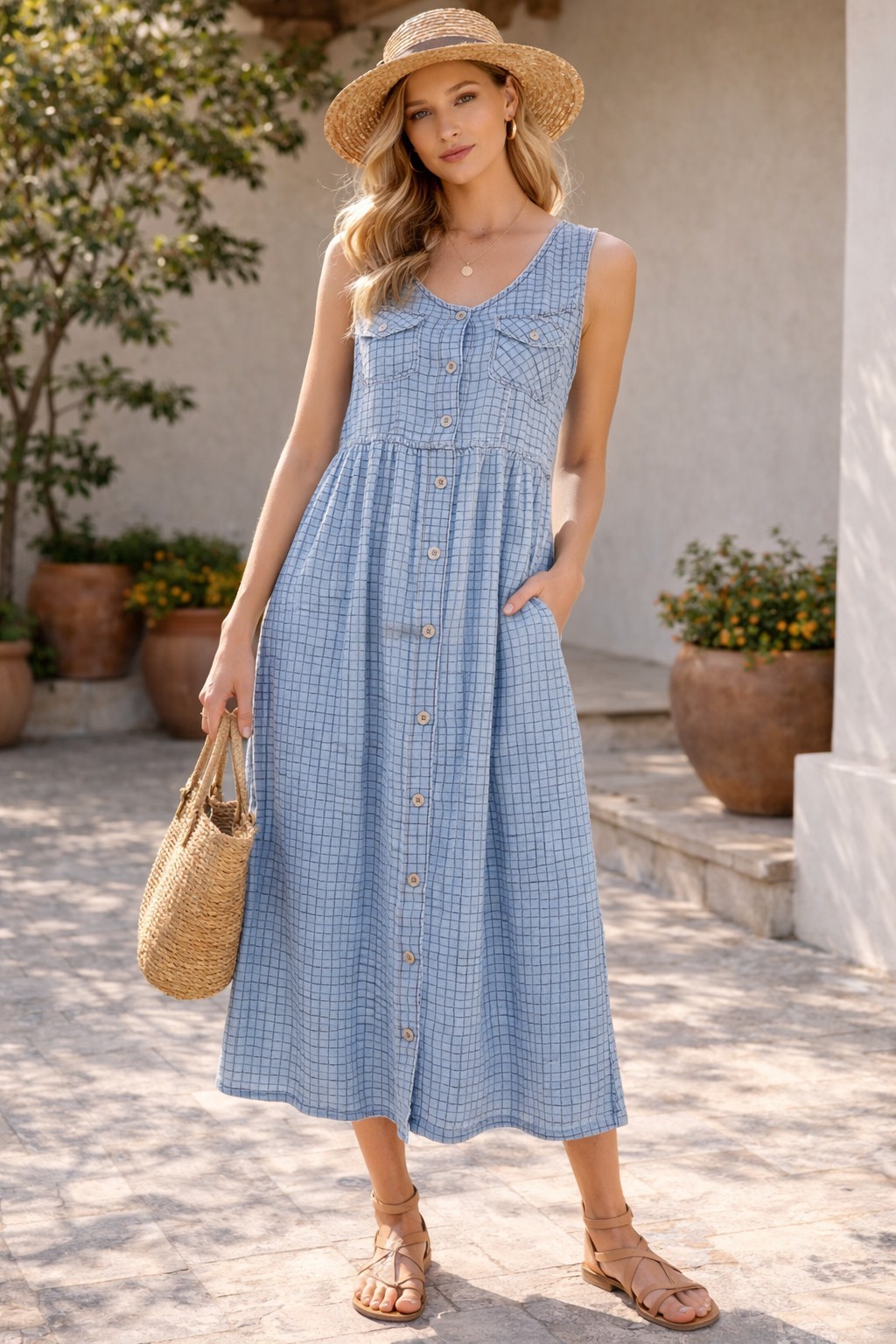 Capacity Petites Chambray Grid Button Front Midi Dress PS Prairiecore